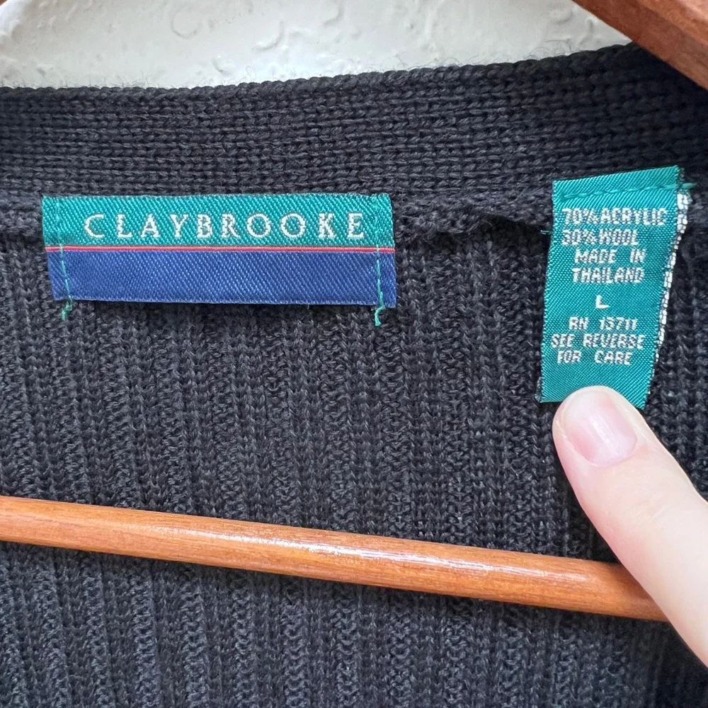 Claybrooke VTG Womens Black Wool Blend Knit Button Front Cardigan Sweater L 80s